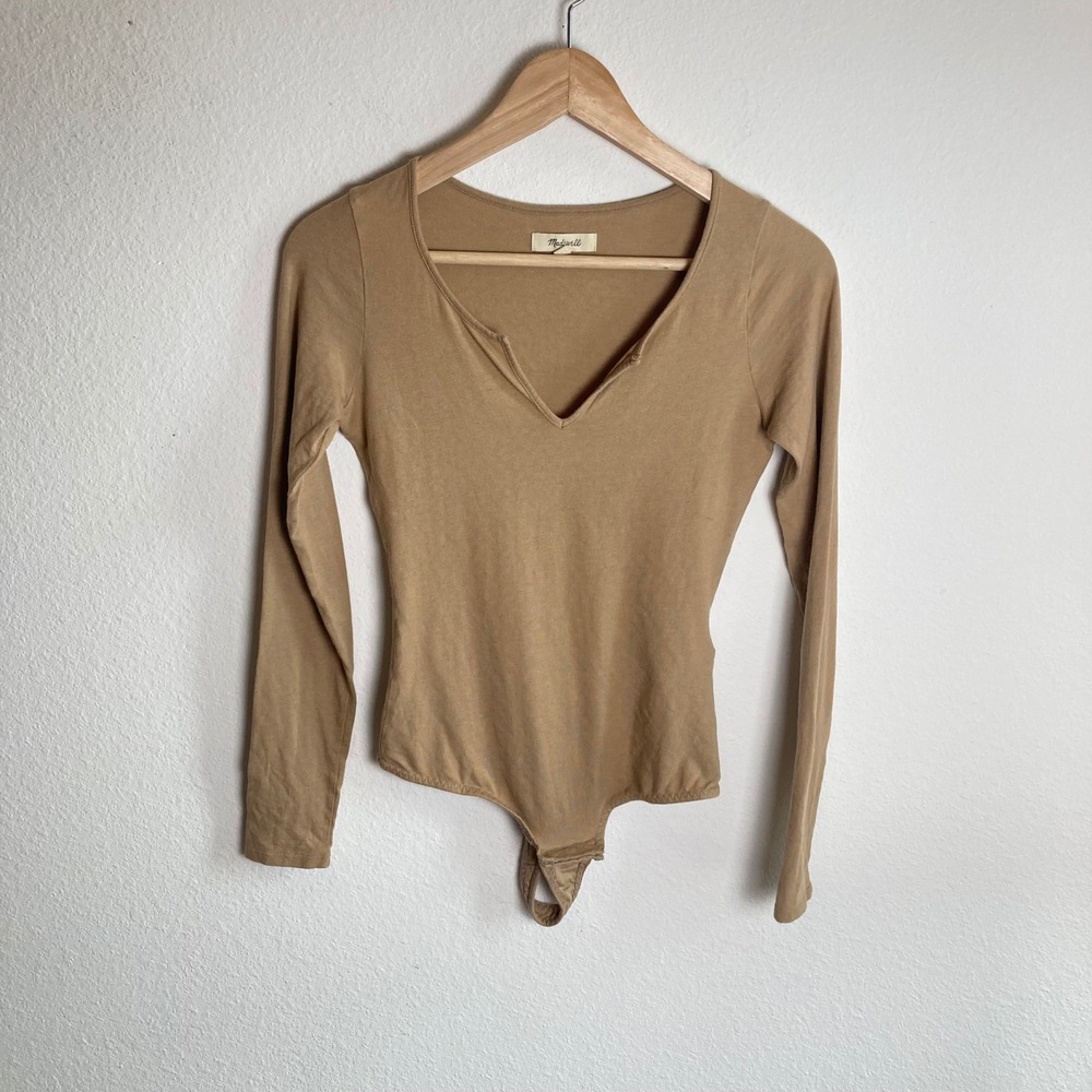 Madewell Women's Tan Pointelle V-Neck Bodysuit Cotton Modal Blend Sz Small